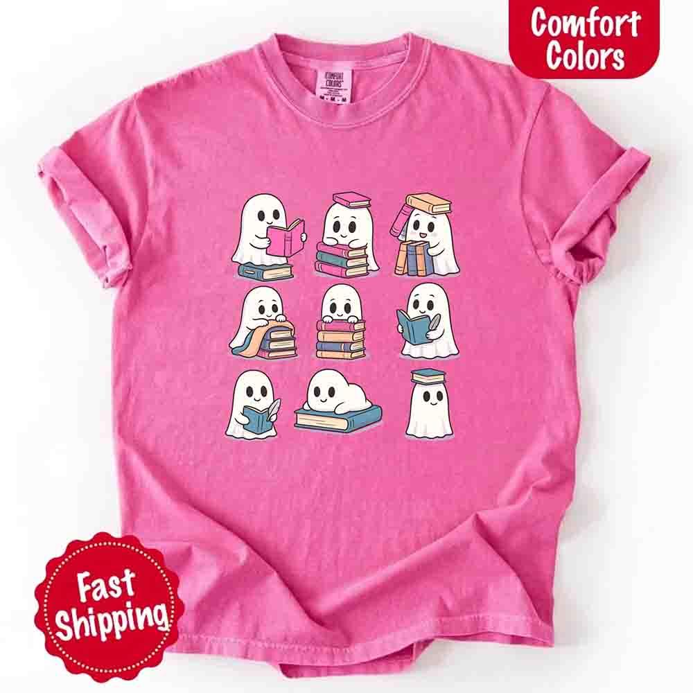 Ghost Reading Comfort Colors Shirt – Spooky Book Lover Halloween Tee
